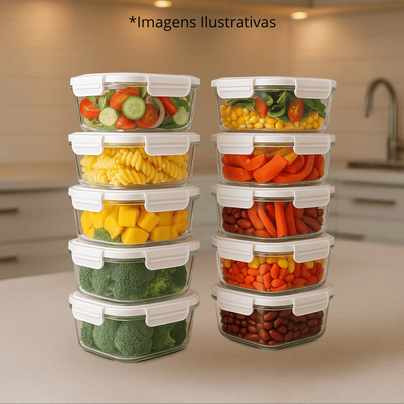 Kit Potes Vidro Hermético Retangular 4 Travas Marmita Premium