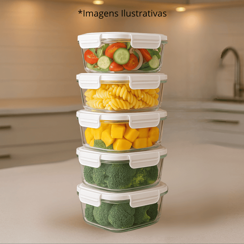 Kit Potes Vidro Hermético Retangular 4 Travas Marmita Premium