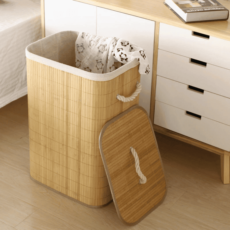 Cesto de Roupa Suja 72 LITROS Lavanderia Bambu c/ Tampa Retangular Forrado