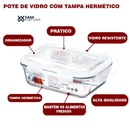 Kit Potes Vidro Hermético Retangular 4 Travas Marmita Premium